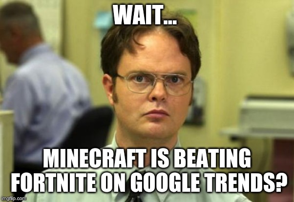 Dwight Schrute Meme | WAIT... MINECRAFT IS BEATING FORTNITE ON GOOGLE TRENDS? | image tagged in memes,dwight schrute | made w/ Imgflip meme maker