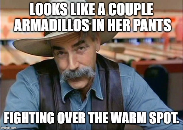 Sam Elliott special kind of stupid | LOOKS LIKE A COUPLE ARMADILLOS IN HER PANTS FIGHTING OVER THE WARM SPOT. | image tagged in sam elliott special kind of stupid | made w/ Imgflip meme maker