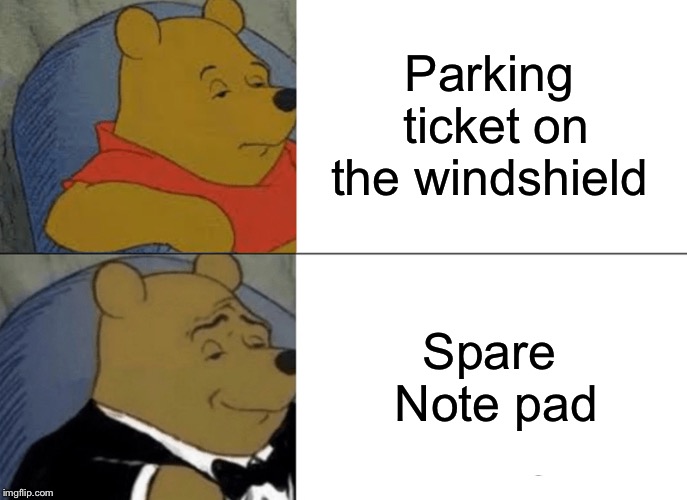 Tuxedo Winnie The Pooh Meme | Parking ticket on the windshield Spare Note pad | image tagged in memes,tuxedo winnie the pooh | made w/ Imgflip meme maker