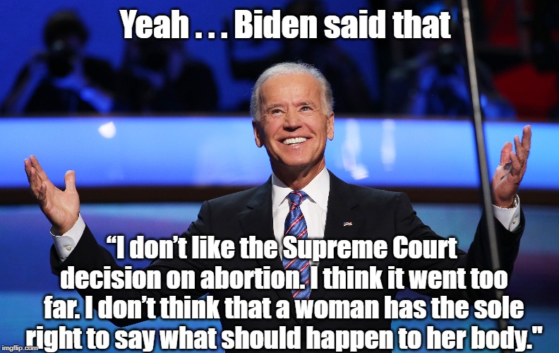 Biden will say anything... if he thinks it'll get him elected. | Yeah . . . Biden said that; “I don’t like the Supreme Court decision on abortion. I think it went too far. I don’t think that a woman has the sole right to say what should happen to her body." | image tagged in joe biden | made w/ Imgflip meme maker