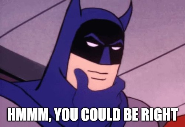 Batman Pondering | HMMM, YOU COULD BE RIGHT | image tagged in batman pondering | made w/ Imgflip meme maker