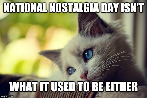 First World Problems Cat Meme | NATIONAL NOSTALGIA DAY ISN'T WHAT IT USED TO BE EITHER | image tagged in memes,first world problems cat | made w/ Imgflip meme maker