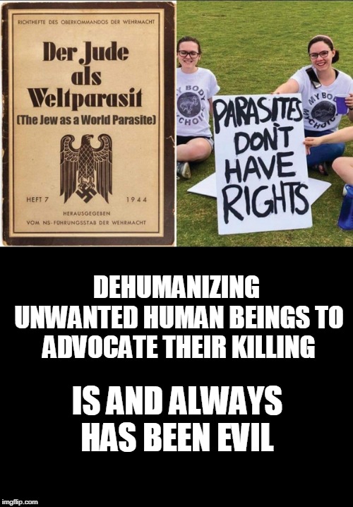 It is evil to think this way about any other human. | DEHUMANIZING UNWANTED HUMAN BEINGS TO ADVOCATE THEIR KILLING; IS AND ALWAYS HAS BEEN EVIL | image tagged in parasite,evil,abortion ban,pro-choice,nazis,memes | made w/ Imgflip meme maker
