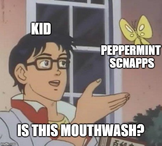 Fresh Breath or? | KID; PEPPERMINT SCNAPPS; IS THIS MOUTHWASH? | image tagged in memes,is this a pigeon | made w/ Imgflip meme maker