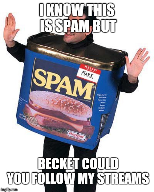 Spam | I KNOW THIS IS SPAM BUT BECKET COULD YOU FOLLOW MY STREAMS | image tagged in spam | made w/ Imgflip meme maker