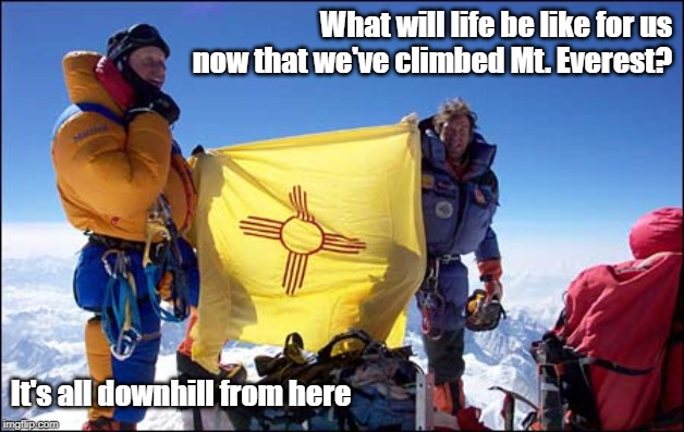 What happens to you when you've PEAKED too early | What will life be like for us now that we've climbed Mt. Everest? It's all downhill from here | image tagged in gary johnson climbs mount everest,mountain climbing,mount everest,memes | made w/ Imgflip meme maker