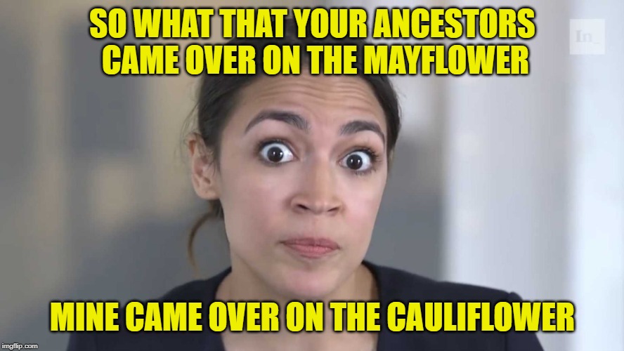 AOC Stumped | SO WHAT THAT YOUR ANCESTORS CAME OVER ON THE MAYFLOWER; MINE CAME OVER ON THE CAULIFLOWER | image tagged in aoc stumped | made w/ Imgflip meme maker