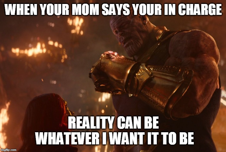 Now, reality can be whatever I want. | WHEN YOUR MOM SAYS YOUR IN CHARGE; REALITY CAN BE WHATEVER I WANT IT TO BE | image tagged in now reality can be whatever i want | made w/ Imgflip meme maker