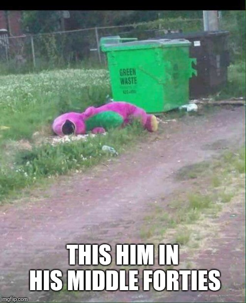 Dumpster bum Barnie | THIS HIM IN HIS MIDDLE FORTIES | image tagged in dumpster bum barnie | made w/ Imgflip meme maker