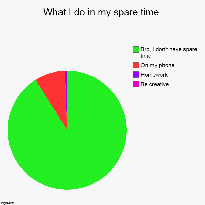 What I do in my spare time | Be creative, Homework, On my phone, Bro, I don't have spare time | image tagged in charts,pie charts | made w/ Imgflip chart maker