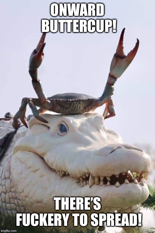 Crab on Crocodile | ONWARD BUTTERCUP! THERE’S FUCKERY TO SPREAD! | image tagged in crab on crocodile | made w/ Imgflip meme maker