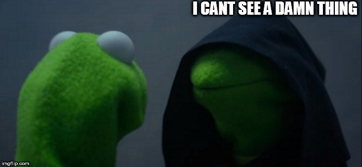 Evil Kermit | I CANT SEE A DAMN THING | image tagged in memes,evil kermit | made w/ Imgflip meme maker