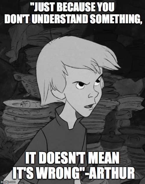 Arthur's Wisdom | "JUST BECAUSE YOU DON'T UNDERSTAND SOMETHING, IT DOESN'T MEAN IT'S WRONG"-ARTHUR | image tagged in disney,king arthur | made w/ Imgflip meme maker