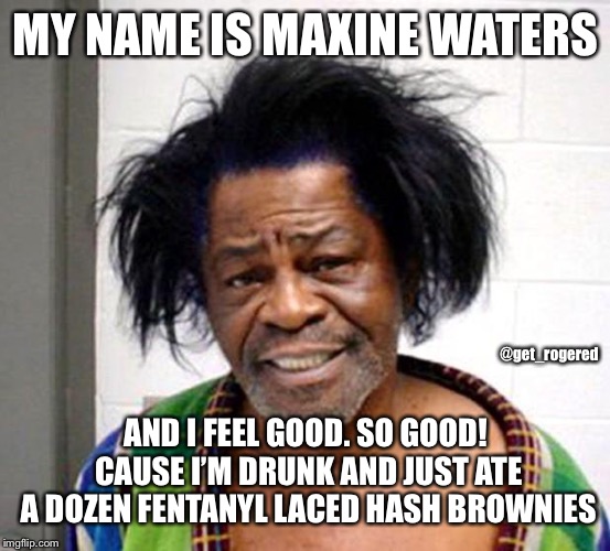 James brown | MY NAME IS MAXINE WATERS; @get_rogered; AND I FEEL GOOD. SO GOOD! CAUSE I’M DRUNK AND JUST ATE A DOZEN FENTANYL LACED HASH BROWNIES | image tagged in james brown | made w/ Imgflip meme maker