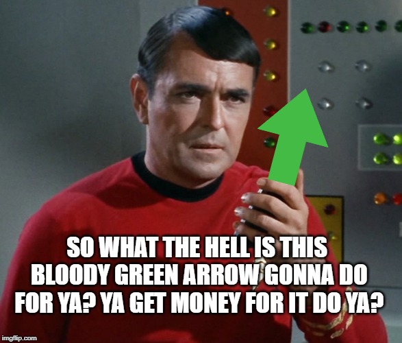 Scotty | SO WHAT THE HELL IS THIS BLOODY GREEN ARROW GONNA DO FOR YA? YA GET MONEY FOR IT DO YA? | image tagged in scotty | made w/ Imgflip meme maker