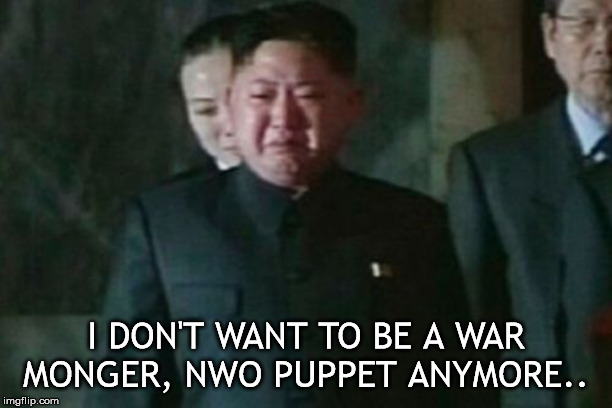 Kim Jong Un Sad | I DON'T WANT TO BE A WAR MONGER, NWO PUPPET ANYMORE.. | image tagged in memes,kim jong un sad | made w/ Imgflip meme maker