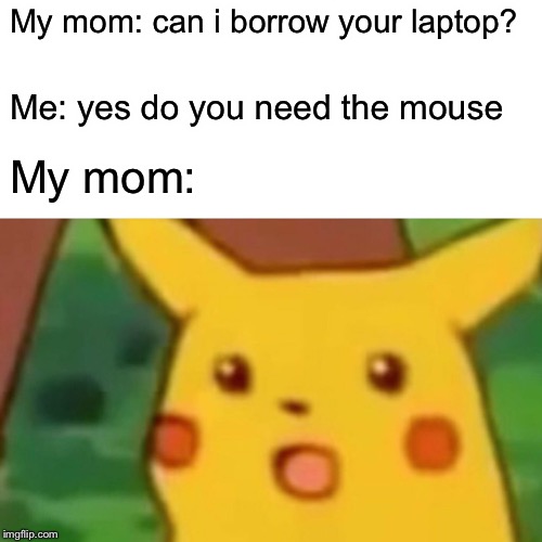 Surprised Pikachu | My mom: can i borrow your laptop? Me: yes do you need the mouse; My mom: | image tagged in memes,surprised pikachu | made w/ Imgflip meme maker