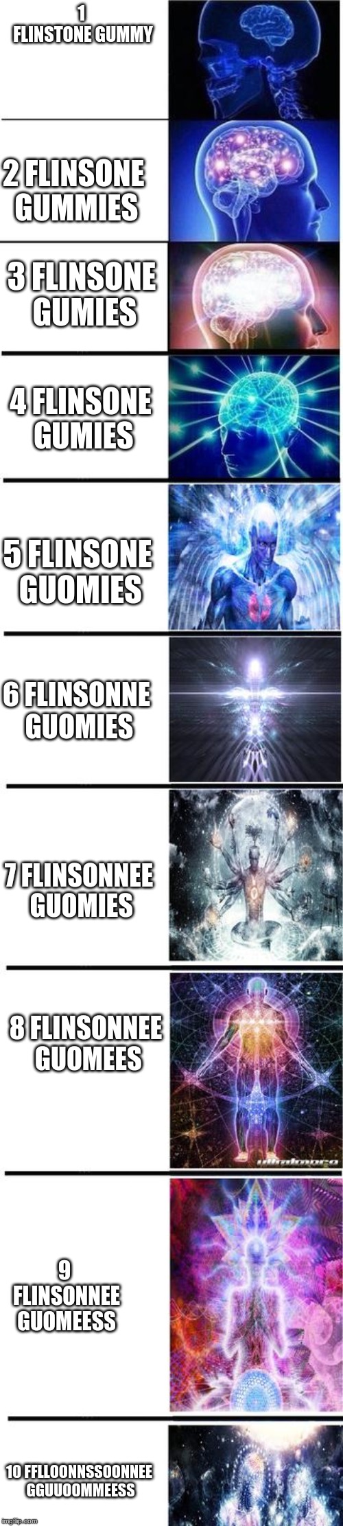 A meme inspired by a gmod server I went on, we were all laughing about flinstone gummy memes and I thought i'd make this meme. | 1 FLINSTONE GUMMY; 2 FLINSONE GUMMIES; 3 FLINSONE GUMIES; 4 FLINSONE GUMIES; 5 FLINSONE GUOMIES; 6 FLINSONNE GUOMIES; 7 FLINSONNEE GUOMIES; 8 FLINSONNEE GUOMEES; 9 FLINSONNEE GUOMEESS; 10 FFLLOONNSSOONNEE GGUUOOMMEESS | image tagged in expanding brain | made w/ Imgflip meme maker