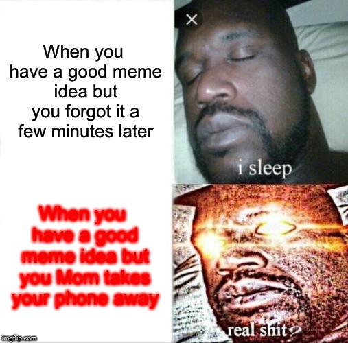 Sleeping Shaq Meme | When you have a good meme idea but you forgot it a few minutes later; When you have a good meme idea but you Mom takes your phone away | image tagged in memes,sleeping shaq | made w/ Imgflip meme maker