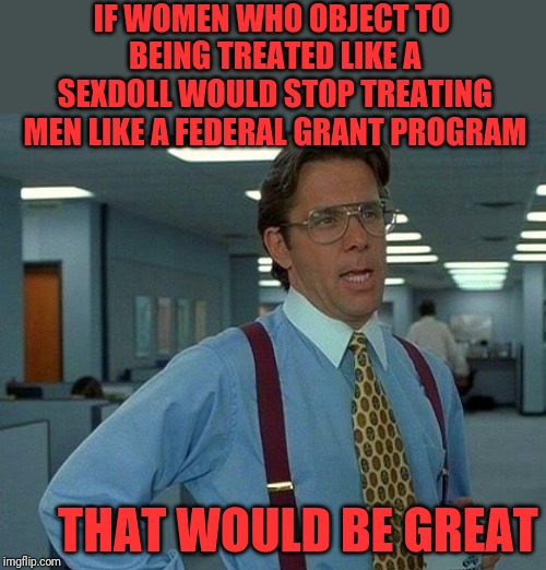 Objectification is not one-sided | IF WOMEN WHO OBJECT TO BEING TREATED LIKE A SEXDOLL WOULD STOP TREATING MEN LIKE A FEDERAL GRANT PROGRAM; THAT WOULD BE GREAT | image tagged in memes,that would be great | made w/ Imgflip meme maker