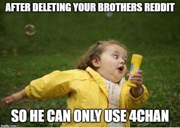 Chubby Bubbles Girl Meme | AFTER DELETING YOUR BROTHERS REDDIT; SO HE CAN ONLY USE 4CHAN | image tagged in memes,chubby bubbles girl | made w/ Imgflip meme maker