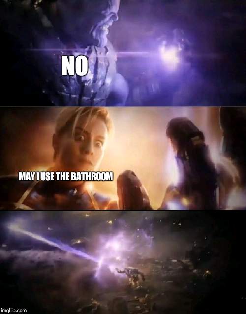 Thanos vs. Captain Marvel | NO; MAY I USE THE BATHROOM | image tagged in thanos vs captain marvel | made w/ Imgflip meme maker