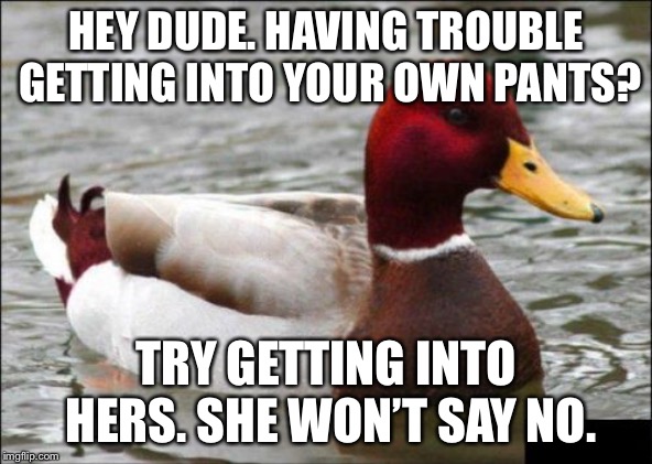 This is the advice Bill Cosby gave himself | HEY DUDE. HAVING TROUBLE GETTING INTO YOUR OWN PANTS? TRY GETTING INTO HERS. SHE WON’T SAY NO. | image tagged in memes,malicious advice mallard,bad joke,pants,no,bill cosby | made w/ Imgflip meme maker
