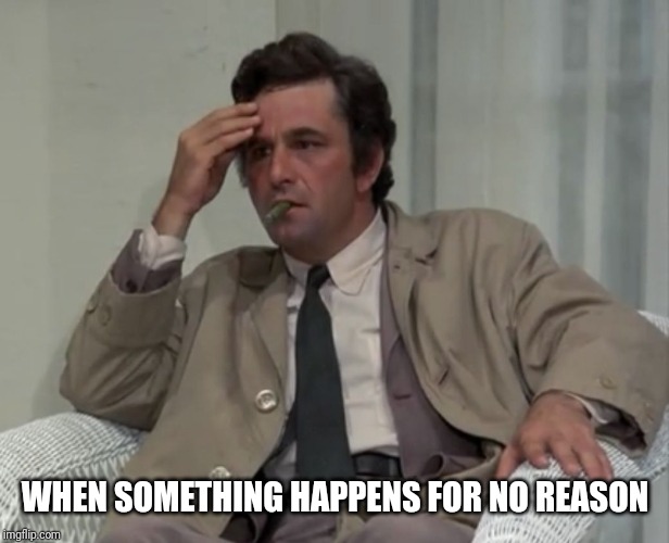 Columbo | WHEN SOMETHING HAPPENS FOR NO REASON | image tagged in columbo | made w/ Imgflip meme maker