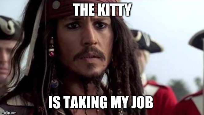 Sad Jack Sparrow | THE KITTY IS TAKING MY JOB | image tagged in sad jack sparrow | made w/ Imgflip meme maker