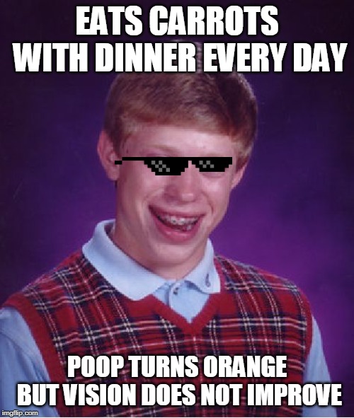 Bad Luck Brian Meme | EATS CARROTS WITH DINNER EVERY DAY; POOP TURNS ORANGE BUT VISION DOES NOT IMPROVE | image tagged in memes,bad luck brian | made w/ Imgflip meme maker