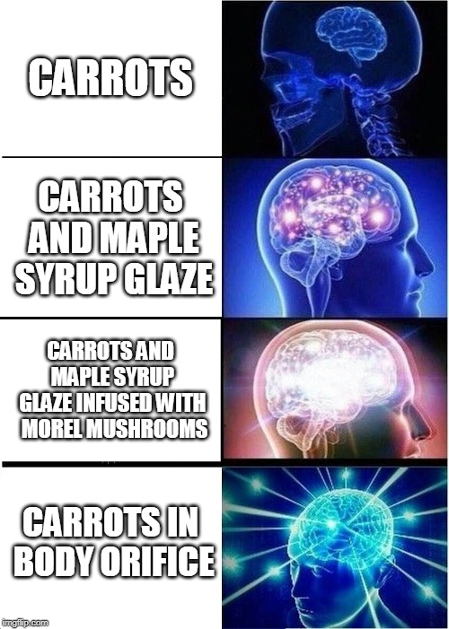 Expanding Brain Meme | CARROTS; CARROTS AND MAPLE SYRUP GLAZE; CARROTS AND MAPLE SYRUP GLAZE INFUSED WITH  MOREL MUSHROOMS; CARROTS IN BODY ORIFICE | image tagged in memes,expanding brain | made w/ Imgflip meme maker