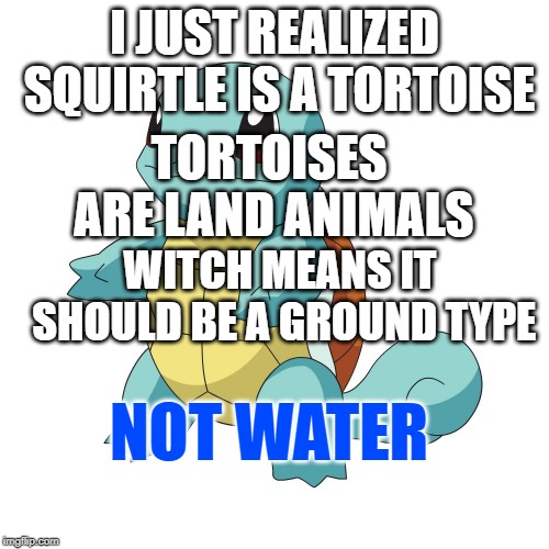 Squirtle | I JUST REALIZED SQUIRTLE IS A TORTOISE; TORTOISES ARE LAND ANIMALS; WITCH MEANS IT SHOULD BE A GROUND TYPE; NOT WATER | image tagged in squirtle | made w/ Imgflip meme maker