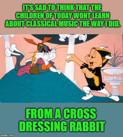 bugs bunny cartoons | IT'S SAD TO THINK THAT THE CHILDREN OF TODAY WONT LEARN ABOUT CLASSICAL MUSIC THE WAY I DID. FROM A CROSS DRESSING RABBIT | image tagged in bugs bunny,classical music | made w/ Imgflip meme maker