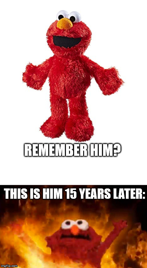 He's changed a bit... | REMEMBER HIM? THIS IS HIM 15 YEARS LATER: | image tagged in elmo,before and after,fire | made w/ Imgflip meme maker