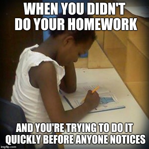 WHEN YOU DIDN'T DO YOUR HOMEWORK; AND YOU'RE TRYING TO DO IT QUICKLY BEFORE ANYONE NOTICES | image tagged in homework | made w/ Imgflip meme maker