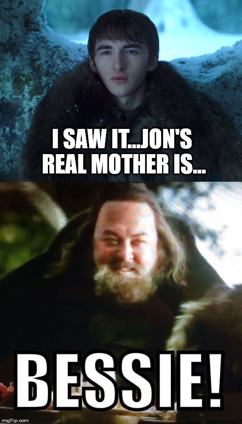 I saw it... | I SAW IT...JON'S REAL MOTHER IS... | image tagged in bran stark,robert baratheon,game of thrones | made w/ Imgflip meme maker