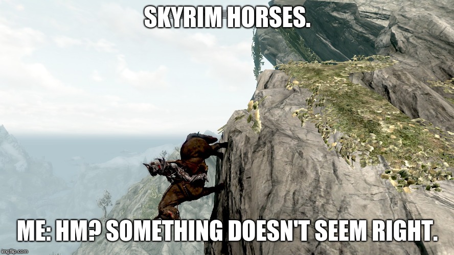 SKYRIM HORSES. ME: HM? SOMETHING DOESN'T SEEM RIGHT. | image tagged in skyrim horse | made w/ Imgflip meme maker