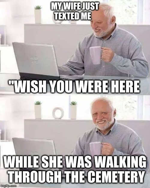 Hide the Pain Harold Meme | MY WIFE JUST TEXTED ME; "WISH YOU WERE HERE; WHILE SHE WAS WALKING THROUGH THE CEMETERY | image tagged in memes,hide the pain harold | made w/ Imgflip meme maker