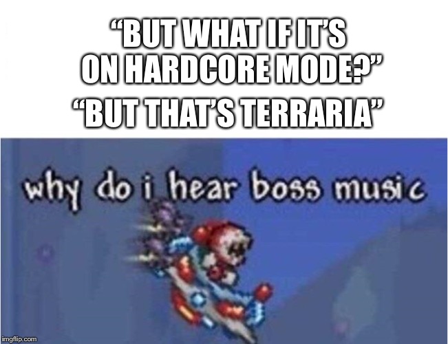 why do i hear boss music | “BUT THAT’S TERRARIA” “BUT WHAT IF IT’S ON HARDCORE MODE?” | image tagged in why do i hear boss music | made w/ Imgflip meme maker