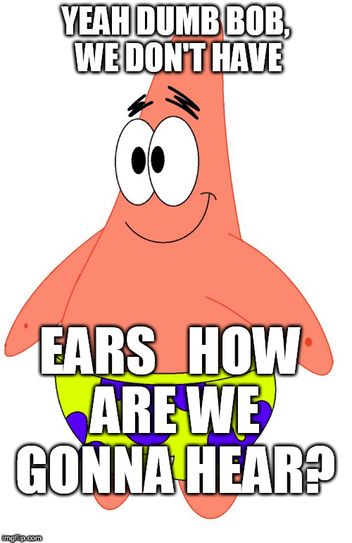 YEAH DUMB BOB, WE DON'T HAVE EARS


HOW ARE WE GONNA HEAR? | made w/ Imgflip meme maker