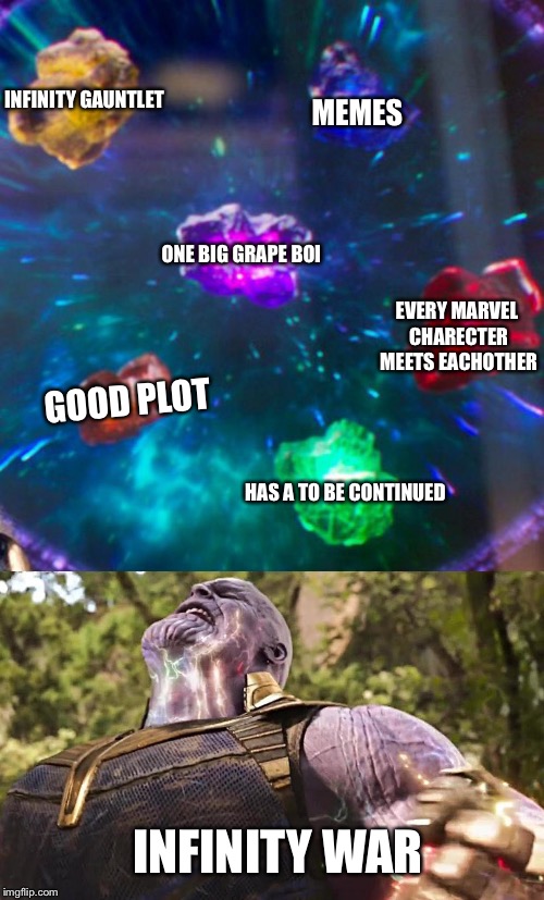 Infinity war | INFINITY GAUNTLET; MEMES; ONE BIG GRAPE BOI; EVERY MARVEL CHARECTER MEETS EACHOTHER; GOOD PLOT; HAS A TO BE CONTINUED; INFINITY WAR | image tagged in thanos infinity stones,thanos,memes,themadtitan,infinity war | made w/ Imgflip meme maker