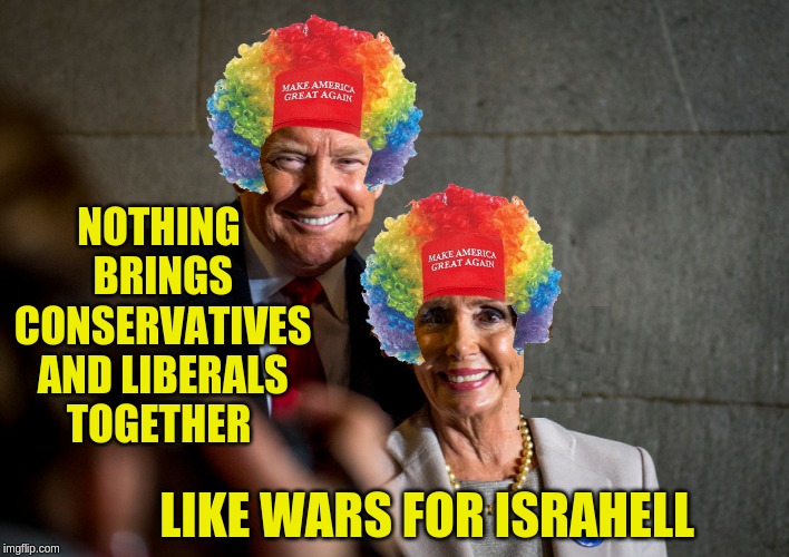 NOTHING BRINGS CONSERVATIVES AND LIBERALS TOGETHER; LIKE WARS FOR ISRAHELL | image tagged in donald trump,ancap,zionist,nancy pelosi | made w/ Imgflip meme maker