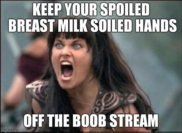 Angry Xena | KEEP YOUR SPOILED BREAST MILK SOILED HANDS OFF THE BOOB STREAM | image tagged in angry xena | made w/ Imgflip meme maker