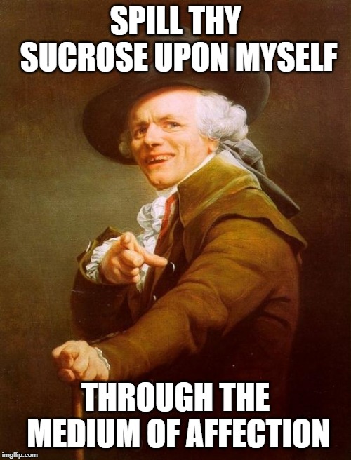 A Lil Def Leppard for ya | SPILL THY SUCROSE UPON MYSELF; THROUGH THE MEDIUM OF AFFECTION | image tagged in memes,joseph ducreux | made w/ Imgflip meme maker