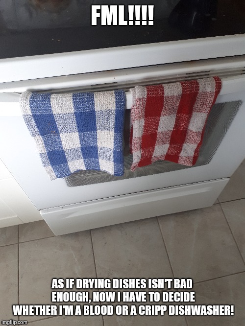 L.A. Dishwasher decisions | FML!!!! AS IF DRYING DISHES ISN'T BAD ENOUGH, NOW I HAVE TO DECIDE WHETHER I'M A BLOOD OR A CRIPP DISHWASHER! | image tagged in dishwasher,gangsta,los angeles | made w/ Imgflip meme maker