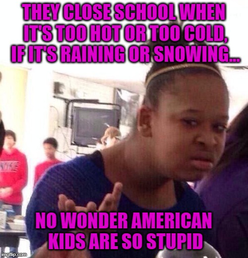 Black Girl Wat Meme | THEY CLOSE SCHOOL WHEN IT'S TOO HOT OR TOO COLD, IF IT'S RAINING OR SNOWING... NO WONDER AMERICAN KIDS ARE SO STUPID | image tagged in memes,black girl wat | made w/ Imgflip meme maker