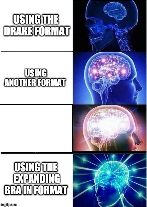Expanding Brain | USING THE DRAKE FORMAT; USING ANOTHER FORMAT; USING THE EXPANDING BRA IN FORMAT | image tagged in memes,expanding brain | made w/ Imgflip meme maker