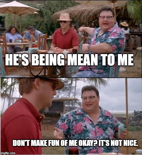 See Nobody Cares | HE'S BEING MEAN TO ME; DON'T MAKE FUN OF ME OKAY? IT'S NOT NICE. | image tagged in memes,see nobody cares | made w/ Imgflip meme maker
