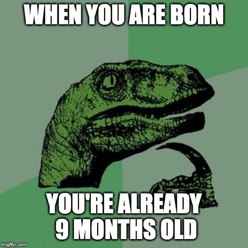 Philosoraptor | WHEN YOU ARE BORN; YOU'RE ALREADY 9 MONTHS OLD | image tagged in memes,philosoraptor | made w/ Imgflip meme maker