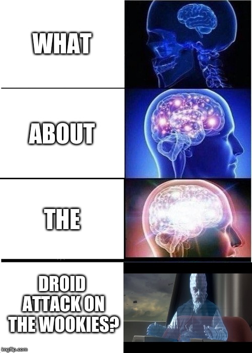 Expanding Brain | WHAT; ABOUT; THE; DROID ATTACK ON THE WOOKIES? | image tagged in memes,expanding brain | made w/ Imgflip meme maker